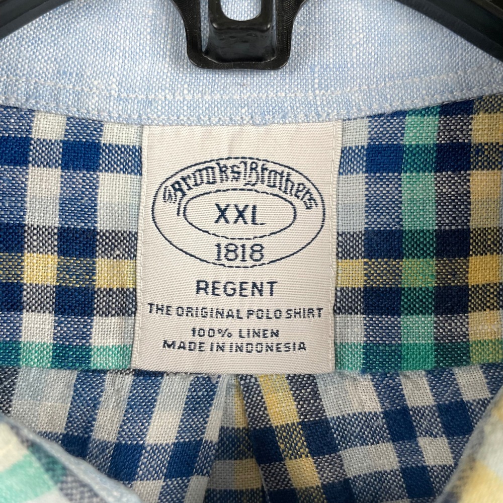 Brooks Brothers Shirt Mens 2XL Blue Plaid 100% Linen Short Sleeve Button Up - Picture 6 of 6